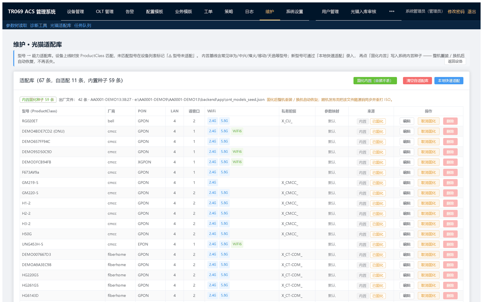 光猫适配库：维护厂商与型号的适配信息，新设备接入前先确认型号是否已适配